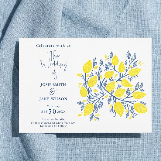 Invitation Vins de citron bleu et jaune mariage