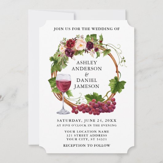 Invitation Vins de raisin d'aquarelle Mariage de fleurs de co (Devant)