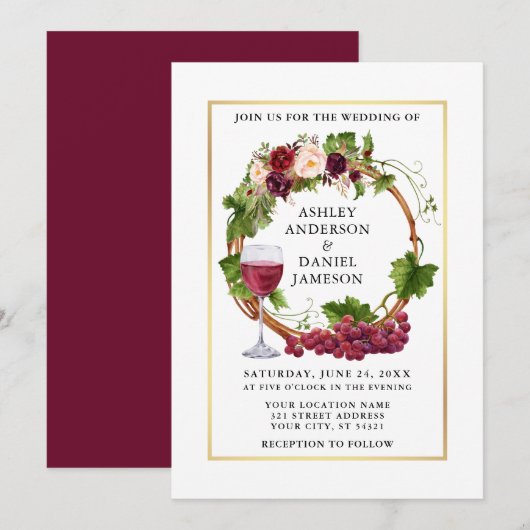 Invitation Vins de raisin d'aquarelle Mariage d'or de couronn (Devant / Derrière)
