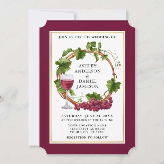 Invitation Vins de raisin d'aquarelle Wreath Burgundy Mariage (Devant)