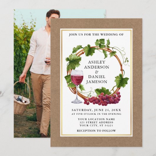 Invitation Vins de raisin d'aquarelle Wreath Kraft Mariage ph (Devant / Derrière)