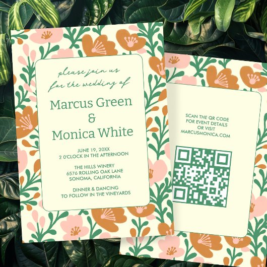 Invitation Vins fleur sauvage rose vert personnalisé QR Code