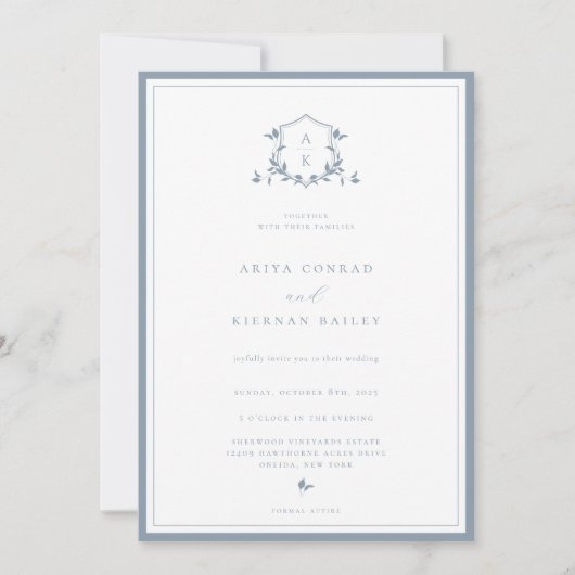 Invitation Vins intemporels Dusty Blue Monogram Mariage Crest (Devant)