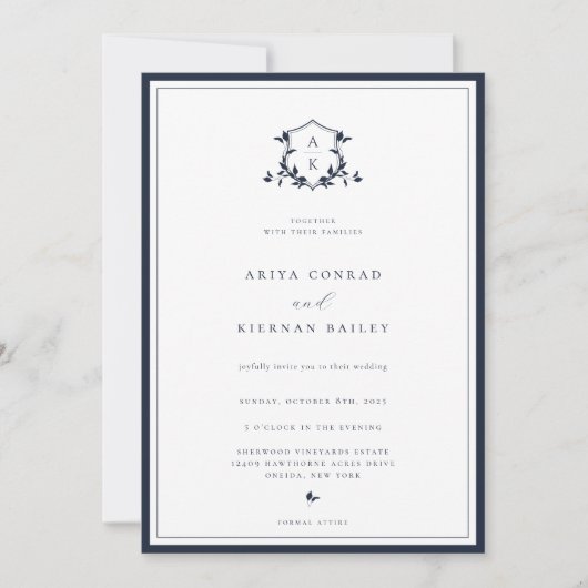 Invitation Vins intemporels Marine Monogram Crest Mariage (Devant)