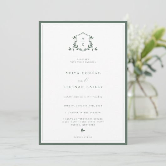 Invitation Vins intemporels Monogramme vert Mariage Crest (Debout devant)