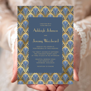 Invitation Vintage 1920 Déco Motif Dusty Blue Gold Mariage
