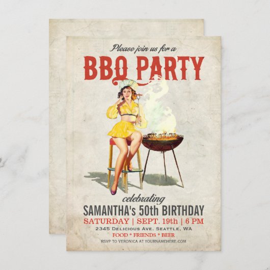 Invitation vintage 2 d'anniversaire de BBQ (Devant / Derrière)