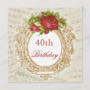 Invitation Vintage 40e anniversaire Red Rose Frame Music Shee