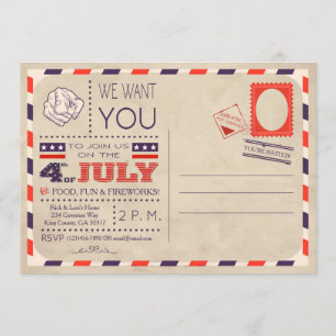 Invitation vintage 4 juillet carte postale