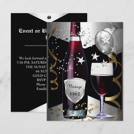 Invitation Vintage 50e Anniversaire Vin Black Gold Argent (Devant / Derrière)