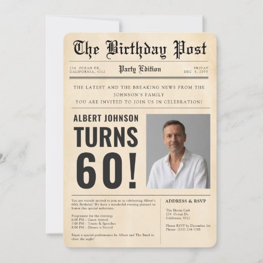 Invitation Vintage 60th Birthday Newspaper Cover Custom Photo (Devant)