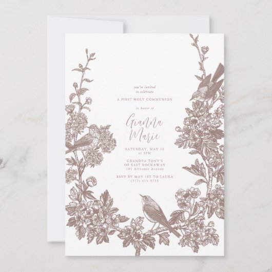 Invitation vintage à la première communion botaniq (Devant)