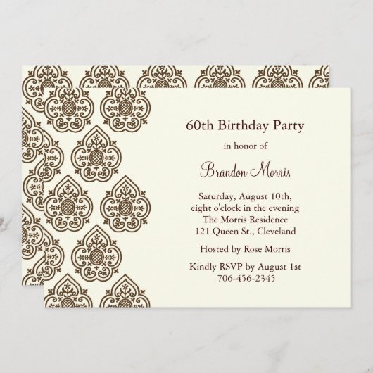 Invitation Vintage à l'anniversaire de Damask (Devant / Derrière)