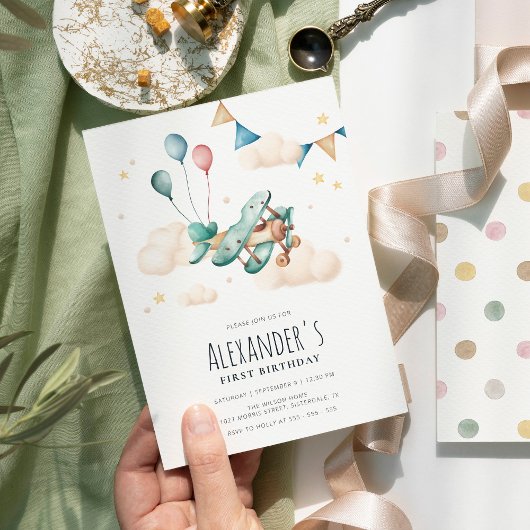 Invitation Vintage Aérocouleur Avion fête d'anniversaire