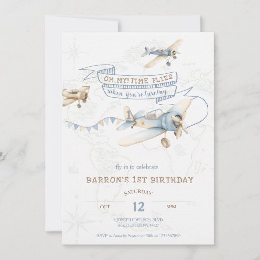 Invitation Vintage Airplane Aviator Pilot 1st Birthday (Devant)