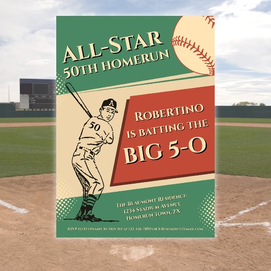 Invitation Vintage All Star Baseball Men 50th Birthday