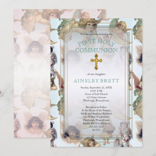 Invitation Vintage Angels Girl | Première sainte communion du (Devant / Derrière)
