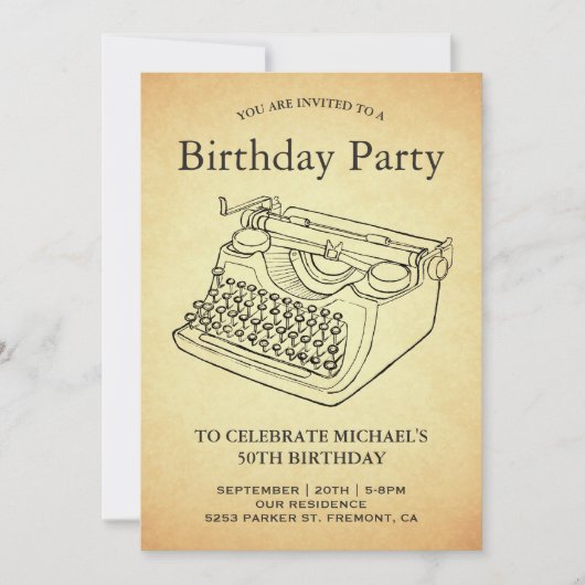 Invitation Vintage Antique Typewriter Fête d'anniversaire (Devant)