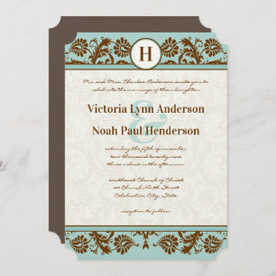 Invitation Vintage Aqua Blue et Mariage damassé Brown