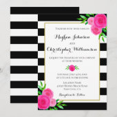Invitation Vintage Aquarelle rose rayures florales Mariage (Devant / Derrière)