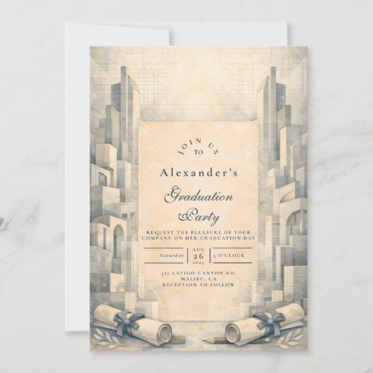 Invitation Vintage Architecture Drawing Graduation (Devant)