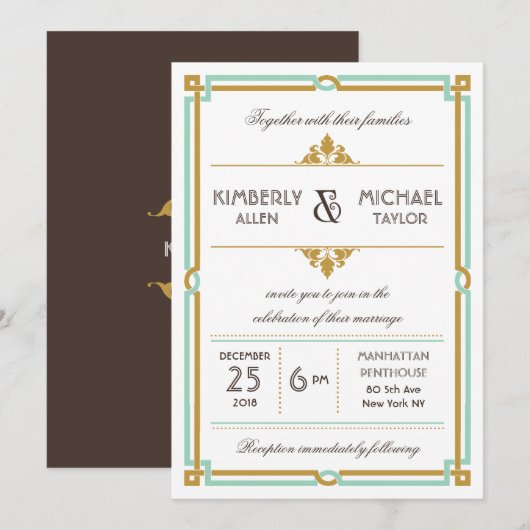 Invitation Vintage Art Déco Mint & Gold Mariage (Devant / Derrière)