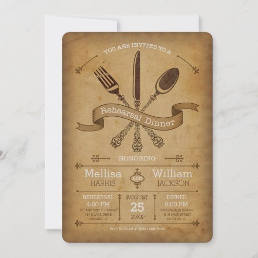 Invitation vintage au dîner de répétition (Devant)