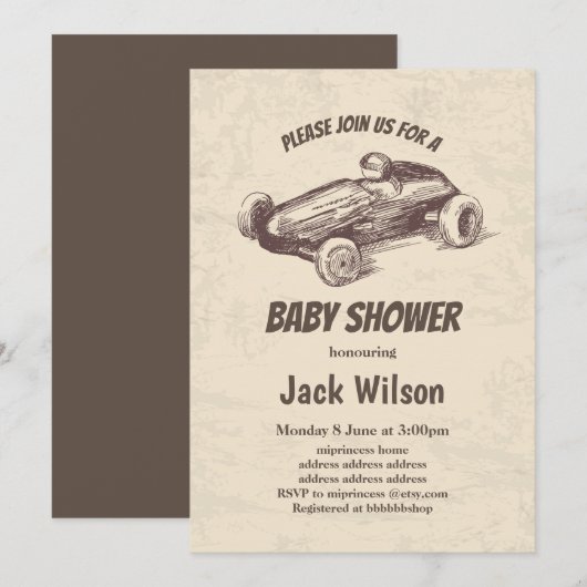 Invitation vintage, baby shower automobile de course (Devant / Derrière)