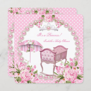 Invitation Vintage Baby shower Fille Parapluie Rose Berceau