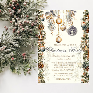 Invitation Vintage Balls Bells Pinecones Snowflakes Company