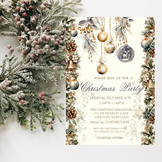 Invitation Vintage Balls Bells Pinecones Snowflakes Company