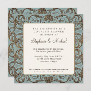 Invitation Vintage baroque Elégant Couples Douche Bleu et Or