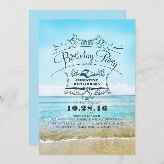 Invitation Vintage Beach Ombre Blue Sea Anniversaire (Devant / Derrière)