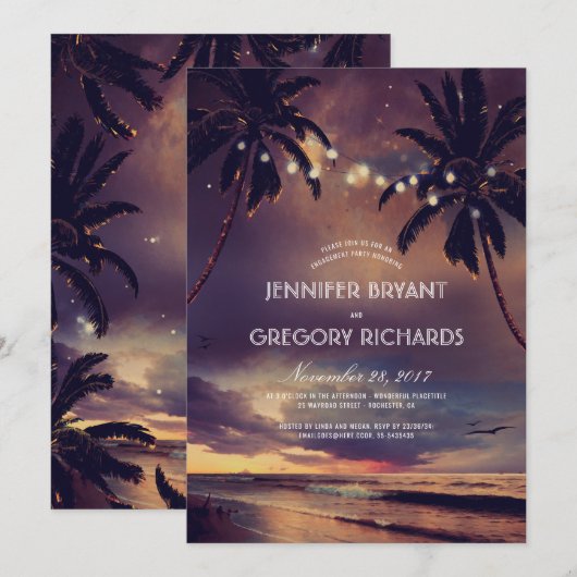 Invitation Vintage Beach Sunset Palm Lights (Devant / Derrière)