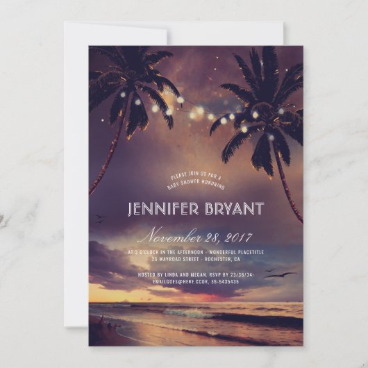 Invitation Vintage Beach Sunset Palm Lights Baby shower (Devant)