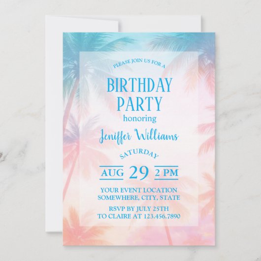 Invitation Vintage Beach Sunset Palm Trees Pastel (Devant)