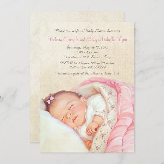 Invitation vintage bébé fille douche (Devant / Derrière)