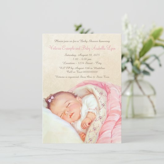 Invitation vintage bébé fille douche (Debout devant)