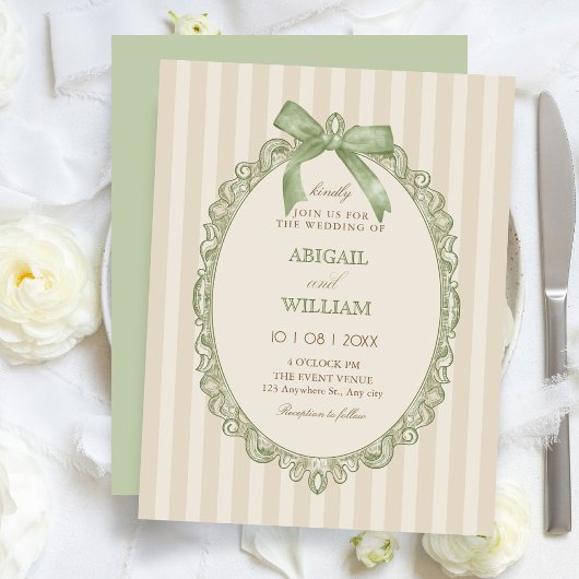 Invitation Vintage beige green elegant sweet bow wedding 
