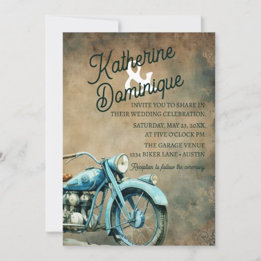Invitation Vintage Biker Wedding Motorcycle Blue (Devant)