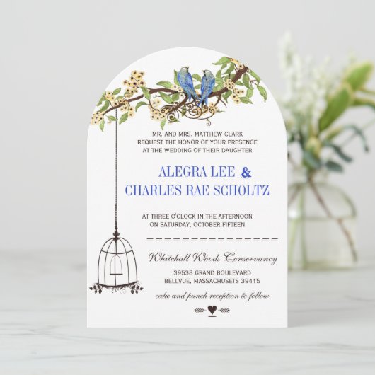 Invitation Vintage Bird Royal Blue Cerry Blossom Mariage (Debout devant)