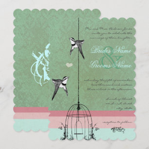 Invitation Vintage BirdCage Pea Pod Coral Inséparables Mariag