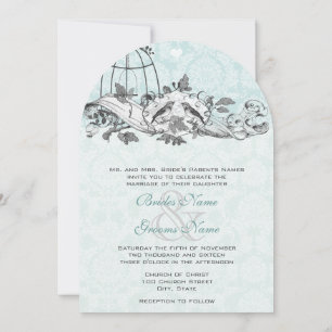 Invitation Vintage Birds Aqua Blue Musical Scroll
