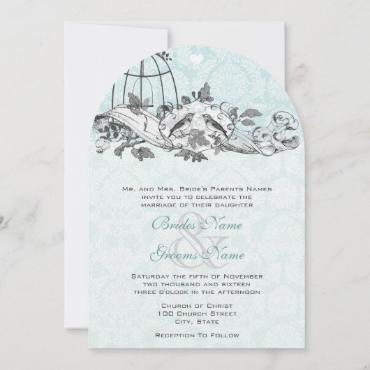 Invitation Vintage Birds Aqua Blue Musical Scroll (Dos)