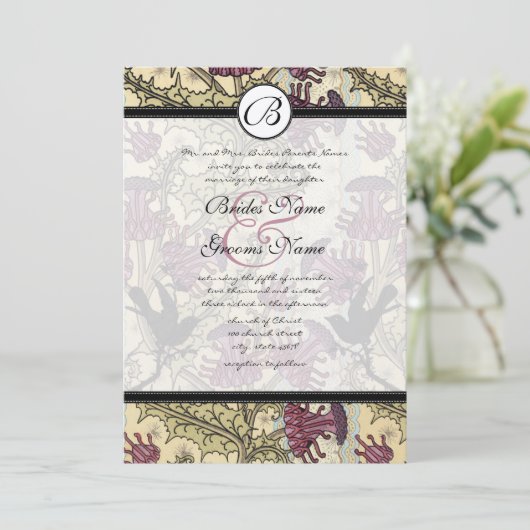 Invitation vintage Birds Berry Mariage damassé (Debout devant)