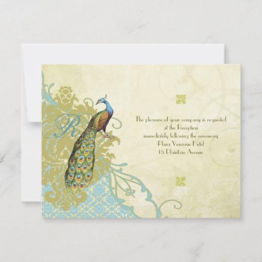 Invitation Vintage Birds Lagon Endive Damask Réception (Devant)