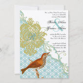 Invitation Vintage Birds Lagoon Endive Mariage damassé (Devant)