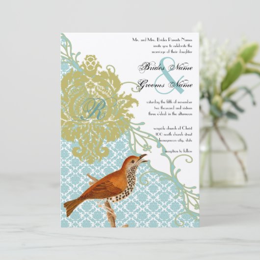Invitation Vintage Birds Lagoon Endive Mariage damassé (Debout devant)