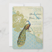 Invitation Vintage Birds Lagoon Endive Mariage damassé (Devant)