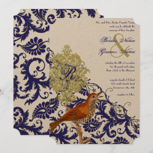 Invitation Vintage Birds Navy Endive Mariage damassé